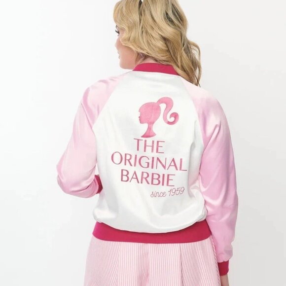 Unique Vintage Jackets & Blazers - Unique Vintage Barbie Bomber Jacket The Original Barbie White Pink Size 6/8 M